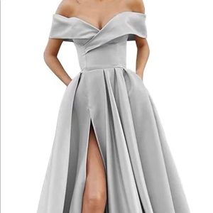 Women Long Slit Formal Dresses Off The Shoulder Satin w/ Pockets V Neck A-Line